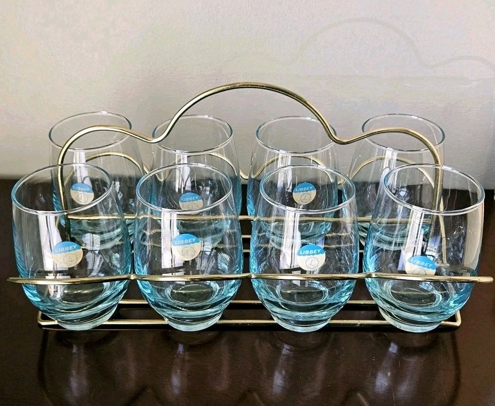 8 Vintage Libbey Tempo Aqua Blue Tumblers Glasses In Gold Caddy Original Sticker