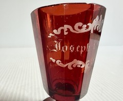 Antique Bohemian Cut To Clear Ruby Red Glass w/ Architectural Etchings Spa Glass