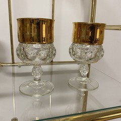Indiana Glass Kings Crown Gold Rimmed Flashing Thumbprint Goblet 5 3/4″ Tall
