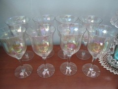 Set of 8 Vintage West Virginia Glass Iridescent Luster Optic Loop Wine Glasses