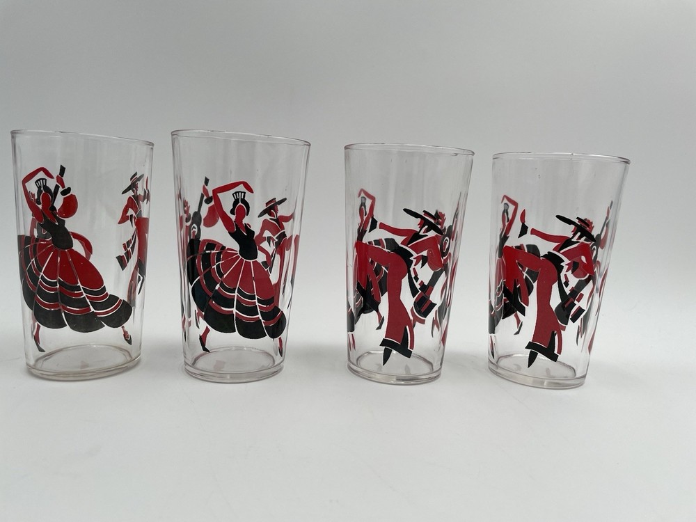 4 MCM Libbey Flamenco Dancer Glass Tumblers Red & Black (D7)