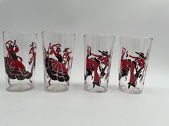 4 MCM Libbey Flamenco Dancer Glass Tumblers Red & Black (D7)