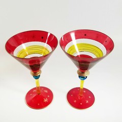 2 Pier One Festive Martini Glasses Red Stripe Hand Blown Glass Star Dot Pattern