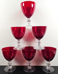 6 Duncan Miller Ruby Red Water Goblet Set Vintage Elegant Clear Stemware MCM Lot