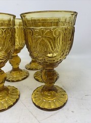 5 Vintage MCM Circle Glass Retro Embossed Stemmed Amber Wine Goblets Scalloped