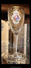 Enameled Floral Gold Gilt Crystal Wine Stems 6 Total Stemware RARE
