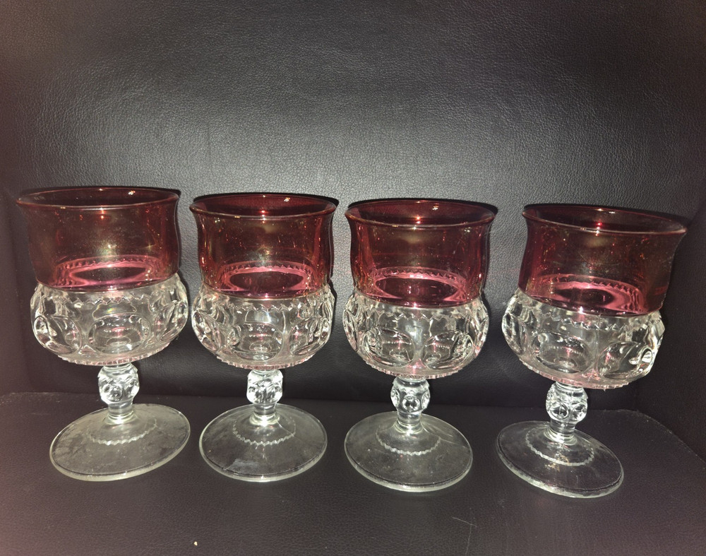 Vintage Indiana Glass King’s Crown Ruby Flashed Wine Goblets Set of 4