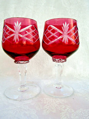 Pair of Hand-Blown Cut to Clear Vintage Cranberry Stained Wine Glasses