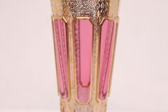 Pair Moser Cut to Clear Cabochon Enamel Scrollwork & Gold Champagne Flutes SET 2