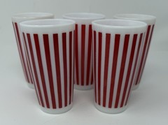 5 Vintage HAZEL ATLAS RED CANDY STRIPE TUMBLERS Glasses Milk Glass