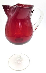 Carlo Moretti Red Murano Glass Cocktail Pitcher with Clear Footed Base + Handle