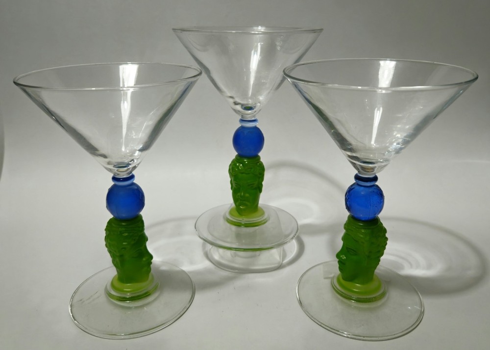 3 Richard Jolley 1996 Bombay Sapphire Martini Glass Green Head Blue Globe Stem