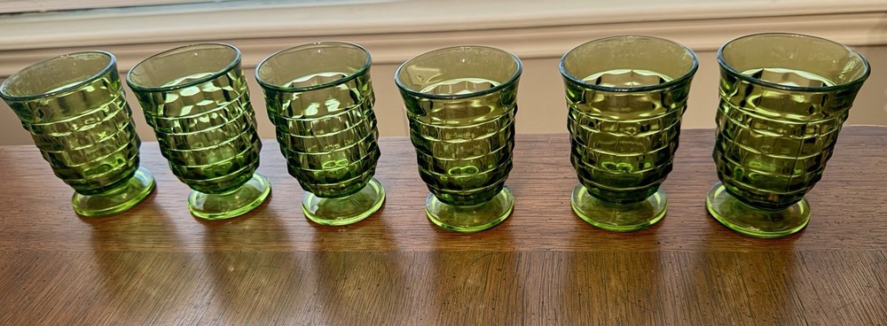Vintage Set Of 6 INDIANA GLASS WHITEHALL Juice Glasses Cubist Avocado Green 4 oz