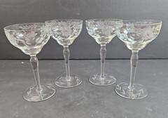 Vintage Champagne Tall Sherbet Glass Set of 4 Optic Gray Cut Flowers & Leaves