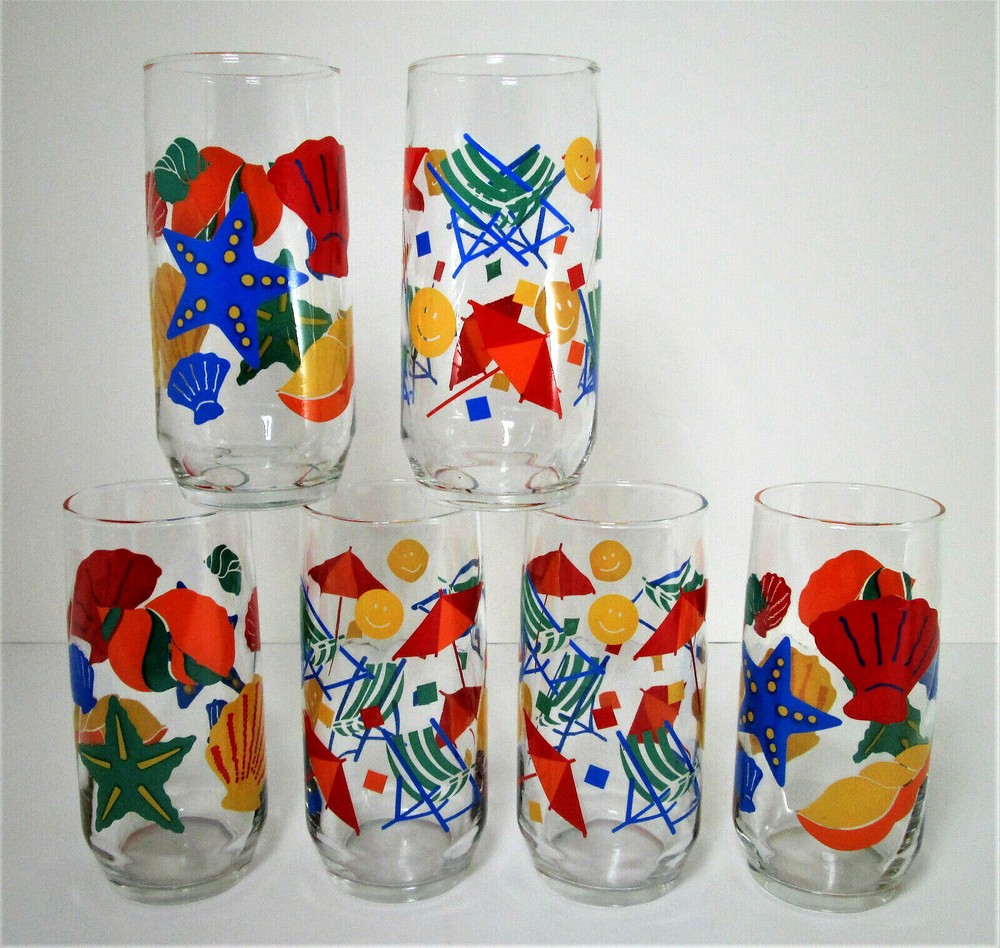 6 Libbey Summer Beach Tumblers 16 oz Shells Starfish Vintage Iced Tea Coolers