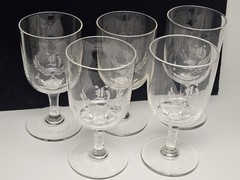 Set Of 5 Antique Boston & Sandwich Or NE Glass Wheel Engraved Flint Goblets «K»