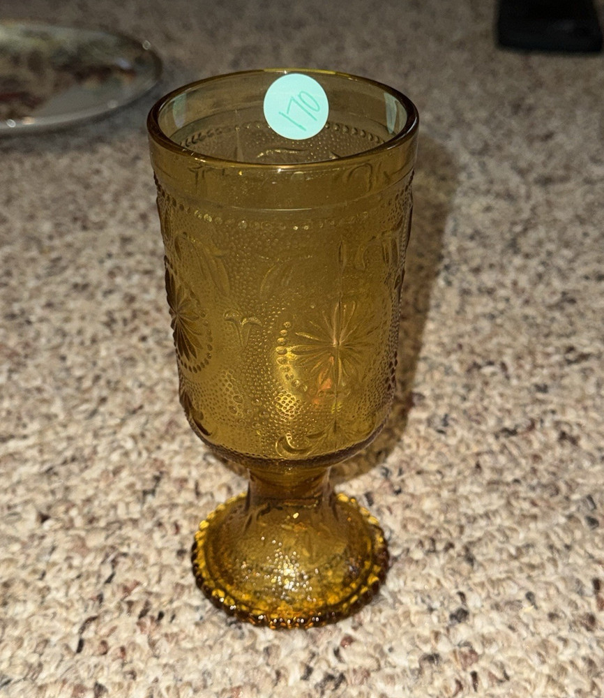 Amber Pressed Glass Goblet Stemmed Drinking Glass