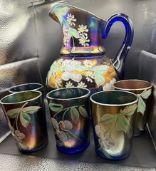 FENTON Cobalt Carnival Glass Pitcher Tumbler Set 6 Pc. Circa 1905 Vintage