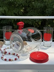 4 Vintage 1960s Red Textured Apple Glass 6” Tumblers + Aladdin Tea Jar Dispenser