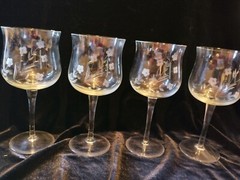 Set of 4 Vtg. Romania Etched Glass Wine Goblets