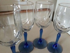 lot of 4 Crystal Blue by Libbey Gold Trim Water Goblets / Wine Glasses FREE SHIP