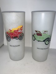 Vintage Frosted TALL Drinking Glass ANTIQUE AUTOMOBILE Packard and Chevrolet