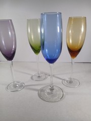 Purple Blue, Amber, Green (4) Champagne Flutes SET,9.25″ Vintage colored glass