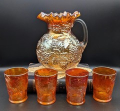 Ant Dugan Floral & Grape Marigold Carnival Glass Water Pitcher Set w/ 4 Tumblers