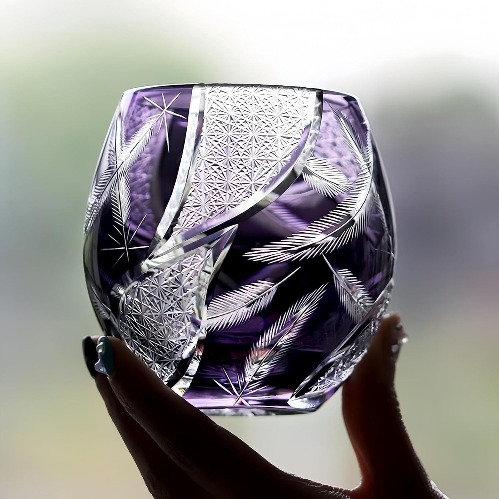 Feather Cut Edo Kiriko Hand-Cut Crystal Whiskey Tumbler Heavy Base Luxury Bar