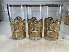 6- CULVER MUSHROOM GLASSES Vintage 22K Gold Highball Tumblers Set