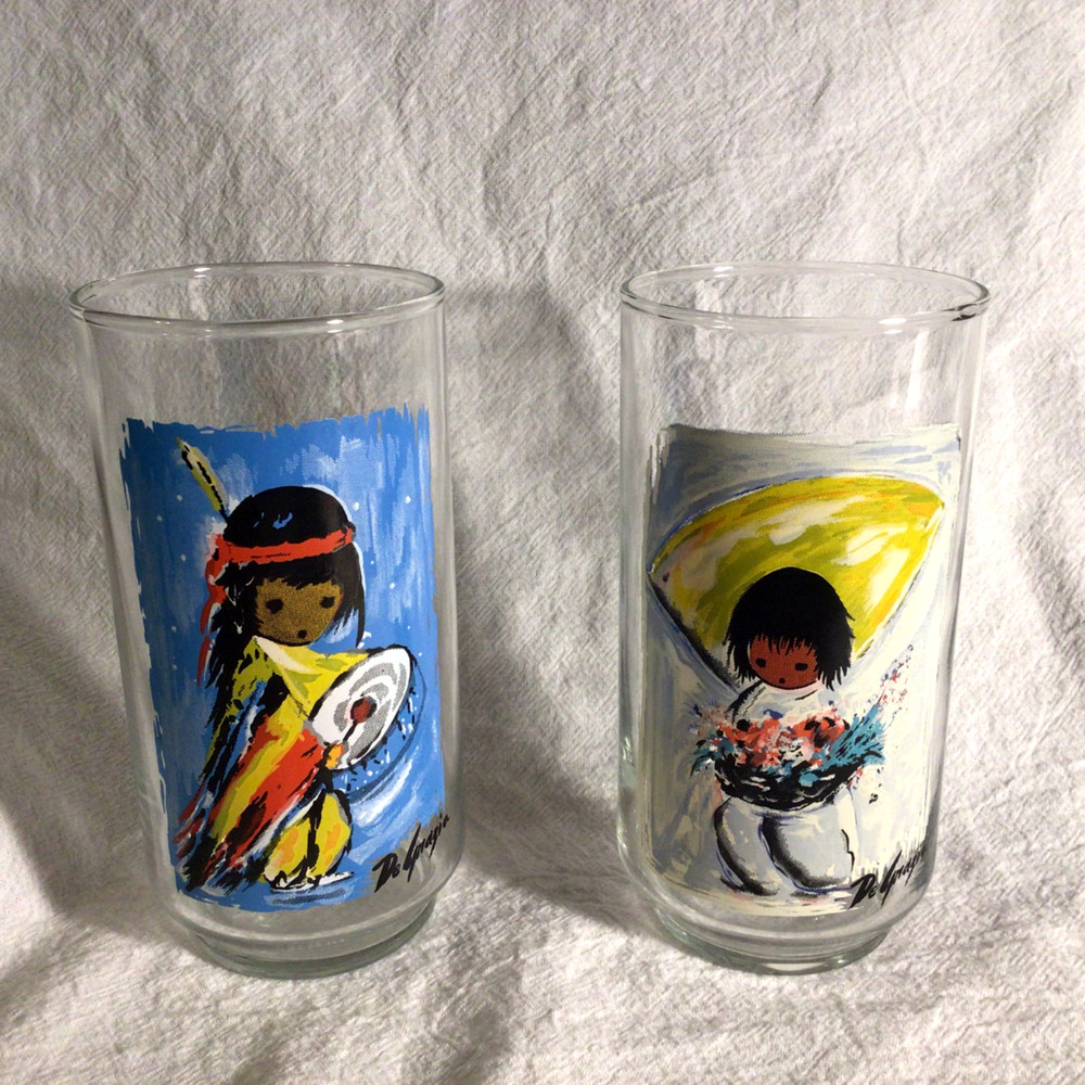 Libbey vtg 1970s DeGrazia Children of the Southwest 2 tumblers glass art