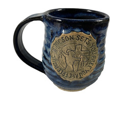 Handmade Stoneware Pottery Beer Mug Blue Christian Cross Free Indeed 4.5″ Signed