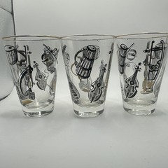 3 Vintage Libbey Musical Instruments Glass Tumblers Clear Black Gold Barware