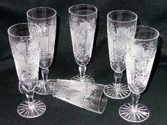 6 Vintage Bohemian Cut Crystal QUEENS LACE 7″ Champagne Flutes