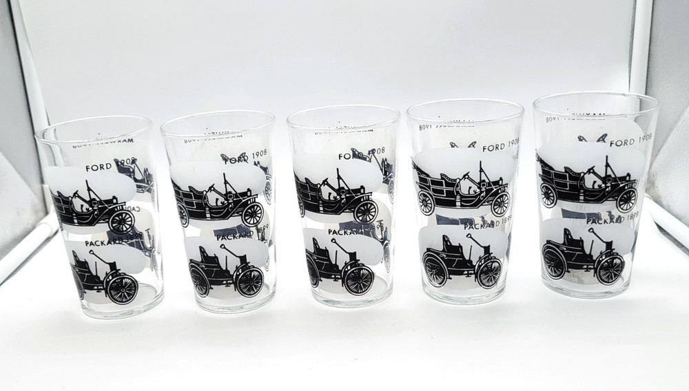 Federal Glass Co Set of 5 Antique Auto (Cadillac Ford Maxwell Packard) Tumblers