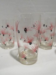 Vintage Milkweed Merry Maker Federal Glass Pink Black Drinking Glasses set of 7