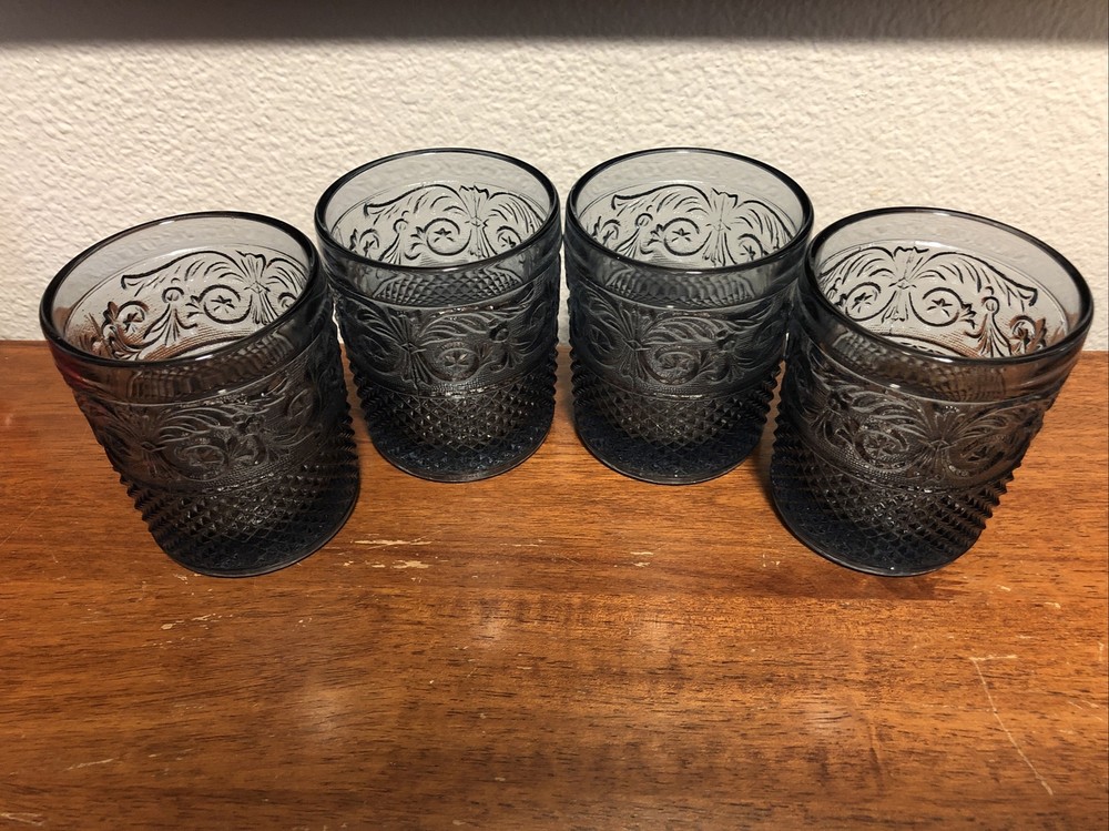 Vintage Blue Glass Cup Set Lot 4 Ornate Textured Rare Deep Ocean Blue