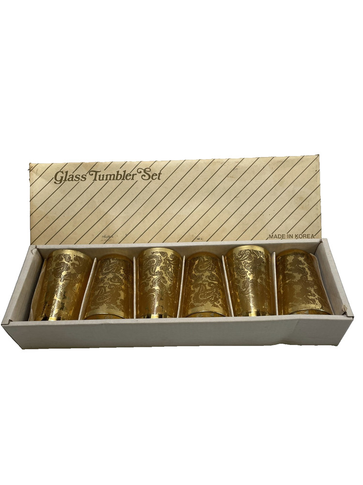 Set 6 Vintage Mid Century Glass Tumblers Gold Paisley Tree Drinking Glasses 4″