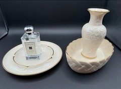 Set of LENOX Embossed Spring Vase, Flower Basket Weave Lattice Server,&a Platter