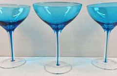 (3) Pier 1 Blue Drip Martini Glasses Set Elegant Table Dining Clear Stemware Lot