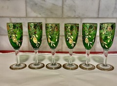 Stemware-(6) Emerald Green and Gold Floral Design-Sherry/cordial Flutes-
