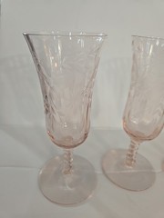 Set Of 3 Fluted 6″ Champagne Pink Etched Twisted Stem Central Glass Works VTG