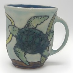 Studio Art Pottery Signed Mug Sea Turtle Handmade Textured Blue Interior