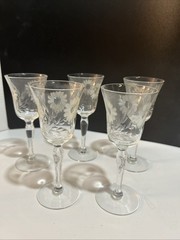 Set Of 5 Vtg W J Hughes Etched Stemware Cornflower Pattern Cocktail Cordial