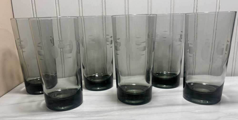 Smoke Glass Geometric Etched Design MCM Tumblers- set of 6