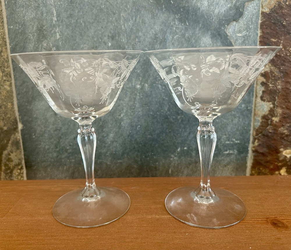 Etched Fuchsia Floral Stemmed Cocktail Glasses Coupes Vintage Barware Pair of 2