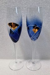 New Handblown Cobalt Blue & Gold Euroglass Romania Wine Glasses/Goblets Set of 2