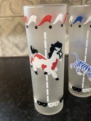 Vintage MCM c.1950 s Libbey Frosted Glass Circus Animals Carousel 3Tumblers