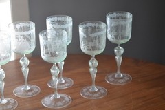 6 Vintage Murano Hand Blown Hand Etched Wine Glasses Mint Green 1950’s Cherubs