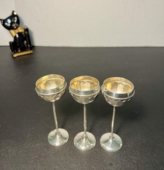 European Vintage 1950s Silverplate Gilt Cordial Goblets Set Of 3, 1.75×4.75”